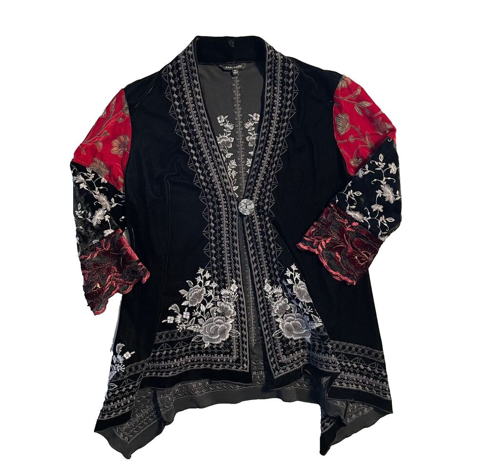 John Mark Embroidered Velvet Kimono Boho Cardigan - Women's Size M